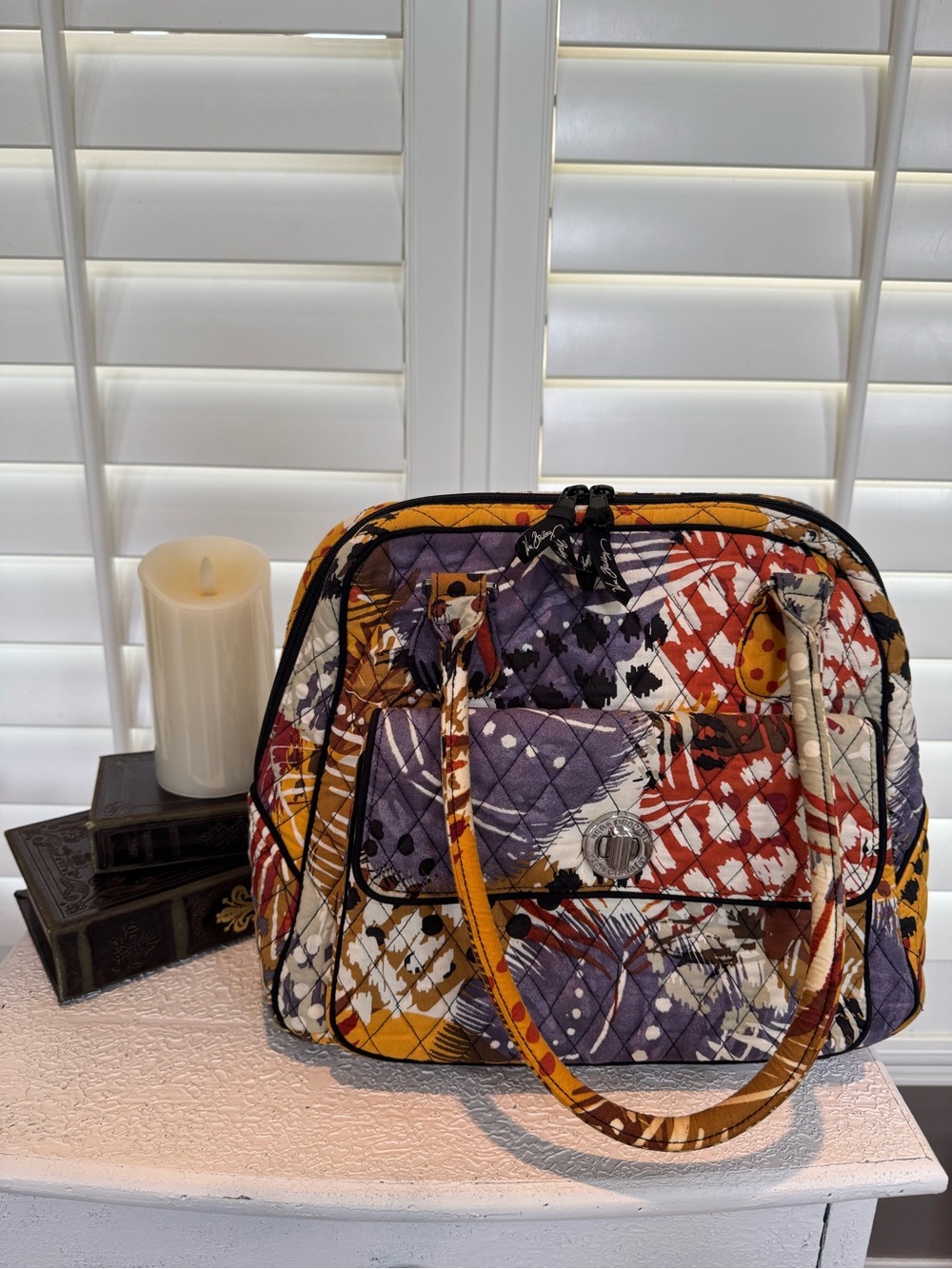 Vera Bradley Painted Feathers Quilted Multicolor Turnlock Satchel Shoulder Bag